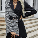Houndstooth Patchwork Long Blazer Coat Turn Down Collar Long Sleeve Straight Blazer Autumn Winter New Fashion Retro Women