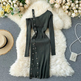 Shoulder Strap Dress Women Sexy Fashion Split Bodycon Dress Autumn Winter Elegant Off Shoulde Elastic Knitter