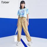 Women Tees Summer Short Sleeve Round Neck Loose T-shirt Tie Dye Cartoon Print Blue Pink Chic