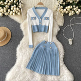 Korean Style Panelled Knitted Two Pieces Suits V Neck Mini Knitwear Tops+High Waist Pleasted Short Skirts Female