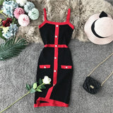 Color Striped Tight Stretchy Knit Tank Dress Single Breasted Buttons Ladies Party Sexy Body-con Step Knit