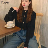 Korean Yellow Knitted Cardigan Women 2023 Autumn O Neck Lantern Long Sleeve Sweaters Woman Single-breasted Women's