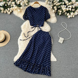 Summer Women Polka Dot Chiffon Two Piece Set Vintage V-Neck Bandage Short Tops + High Waist Mermaid Skirt 2Pcs Suits New