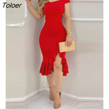 Women Fashion Elegant Sexy Plain Off Shoulder Ruffle Hem Slit Dress Solid Red Black Midi Dress Ruffles Sleeveless