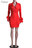 Fashion Women's Bodycon Party Dress Classic Nothced Collar Ruffle Long Sleeve Dresses Simple Button Decoretion