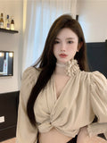 Temperament Tops Female V-neck Puff Sleeve Floral Blouse for Women Cropped Top 2023 Blusas Mujer De Moda Chic Sexy Shirts