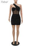 Black Mesh Sequin Bodycon Mini Dress Ladies One Shoulder Sleeveless Party Dresses Luxury Waist Shaped Cocktail