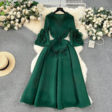 Court Dress Female Design Tuxedo V Collar Long Three House Press Folding Horn Sleeve Dress