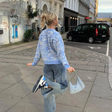 Wave Print Elegant Blue Knit Sweater Women Autumn Winter Y2K Fashion Jumpers Korean Long Sleeve Pullovers