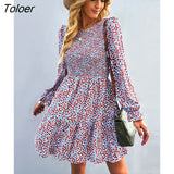 Floral Print Dress Women Casual Puff Sleeve Ruffle Holiday Short Dress Casual Fashion Spring Autumn A-line Dresses
