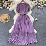 French Pleated Women Dress V Neck Short Sleeve Waist Sheath Dress Female Retro Belt Streetwear Fashion Long