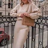 Women geometric khaki knitted sweater women casual Houndstooth lady pullover sweater female Autumn winter retro