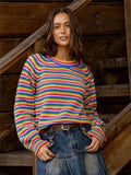 New Rainbow Striped Sweater Knitted Retro Round Long Sleeves