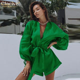 Sexy Green V-Neck Women Jumpsuits Elegant Loose Lace-Up Long Sleeve Linen One Piece Shorts Jumpsuit Female Clothing