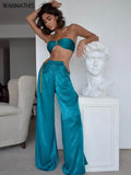 Y2K Satin Women 2 Piece Set Chain Halter Crop Tops Cut Out Loose Wide Legs Pants Sexy Streetwear Casual Female