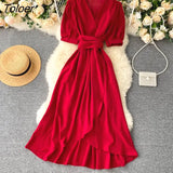 Lace-up Green Dress Women Summer 2023 Short Sleeve Ruffle Solid Woman Dress V Neck Irregular Casual Long Dresses