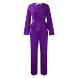 Set Autumn And Winter New Fashion OL Lotus Leaf Side V Collar Blouse Trousers