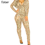 Deep V Neck Transparent Mesh Flower Sequins Bodycon Jumpsuit Female Party Club Long Sleeve Romper Glitter Overall Plus
