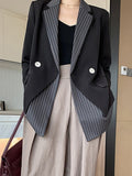 Fashion Women's Double Blazer Notched Loose Long Sleeve Irregular Patchwork Striped Suit Jackets Spring 2023 New