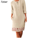 Women Casual Vestidos Women Dress Solid Color Pockets Summer Round Neck Long Sleeve Buttons Dress Beach