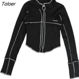 Women Korean Style Trendy Design Slim Cropped Tops Black Turn Down Collar Long Sleeve Knitted Patchwork Street