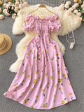 Women Chiffon French Style Dress Summer 2022 Slash Neck Vacation Elastic Waist Elegant Party Slim A Line Long
