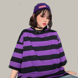 Fashion Hip Hop Women T-Shirt Loose Summer Oversize Striped Funny Female Tops Tees Purple Funny Japan Harajuku T Shirt