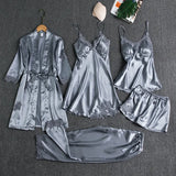 Women Summer Ice Silk Sexy Hot Home Clothes Spring And Autumn Long-Sleeved Thin Five-Piece Set