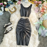 Summer Women 2pcs Set Black/Red Vintage Round Neck Knitted Short Tops + Drawstring Bodycon Skirt Female Two Piece Set