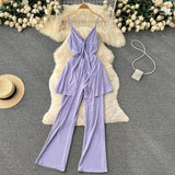 Summer Women Sexy Two Piece Set Beach Criss-Cross V-Neck Spaghetti Strap Tops + Wide Leg Pants Red/Yellow/Purple Suits