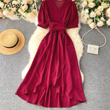 Lace-up Green Dress Women Summer 2023 Short Sleeve Ruffle Solid Woman Dress V Neck Irregular Casual Long Dresses