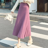2023 New Women's Knitted A-line Skirt Autumn Winter Solid Color Pleated Long Skirts Woman Elegant High Waist Skirt