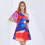 Sexy Print Tie Dye Dress For Women Asymmetrical Collar Short Sleeve High Waist Hit Color Dresses Female Fashion