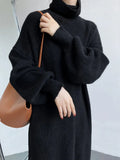 Women's Roll Collar Turtleneck Lantern Sleeves Knitted Dress Purple Gray White Brown Straight Sweater