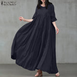 ZANZEA 2022 Vintage Summer Maxi Dress Women's Pleated Sundress Half Sleeve Long Vestidos Female Casual O Neck Robe