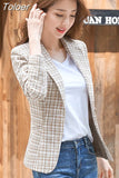 Women Elegant Plaid Blazer Long Sleeve Single Button Slim Checked Coat Formal Office Work Jacket Outerwear Pink
