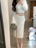 Autumn Knitted Suits Women Casual Y2k Crop Tops + Midi Skirts Korean Fashion Clothing Elegant 2 Piece Dress Set Female