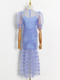 Print Dot See Through Dress For Women V Neck Puff Sleeve High Waist Ruffle Trim Dress Female Fashion New