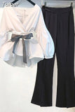 Sleeve Waistband Decorative Chiffon Shirt Casual Wide Leg Pants Two Piece Elegant Women's Pants Set Summer