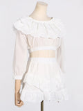 Spring Fashion New Elegant Lace Lotus Side Shoulder Shirt + Folded Skirt Suit