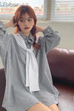Blouses Shirts Women Blue Striped Elegant Loose Large Size Chic Fashion Scarf Collar New Leisure Womens Shirt
