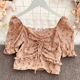 New Summer Fashion All-match V-neck puff sleeve print Shirt drawstring ruched lace up Shirt