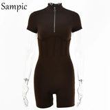 Sexy Women Skinny Short Biker Sport Rompers Short Sleeve Ribbed Jumpsuit 2020 Autumn Playsuit Body Femme Corset