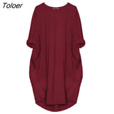 Women Casual Solid Color O Neck Long Sleeve Pockets Knee-Length Baggy Dress Vestidos Streetwear Casual Dresses