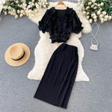 Ruffled Elegant Chic Women Set Summer 2022 V Neck Fashion Tops+ Knitted Elastic Waist Skirt Solid Two Piece