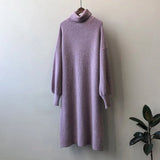 Women's Turtleneck Roll Collar Lantern Sleeve Sweater Dress White Purple 2022 Winter High Neck Loose Relaxed Knitted