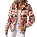 Large-Size Fashion Casual Casual Women's Loose Geometric Pattern Print Hooded Zip-Down Jacket