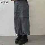 White Front Ruffle Drawstring Casual Long Skirts Women Back Streetwear With Pockets Low Waist Loose Preppy Cargo