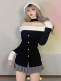 Feathers Collar Slash Neck Knitted Halter Top Black Single-breasted Korean Style Sexy T-shirt High Street Slim
