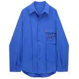 Women Blue Chain Big Size Casual Blouse New Lapel Long Sleeve Loose Fit Shirt Fashion Tide Spring Autumn 2023